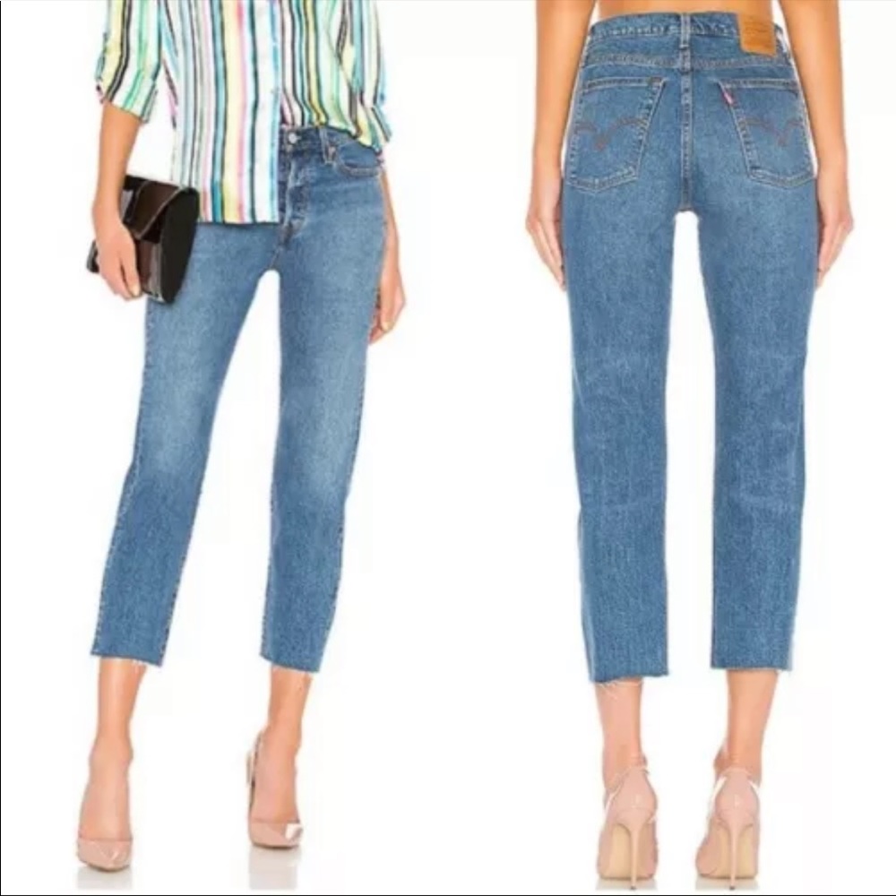Levi’s Premium Wedgie Straight Jeans Blue Raw Hem Button Fly Sz 27 Dark Wash - Picture 1 of 13